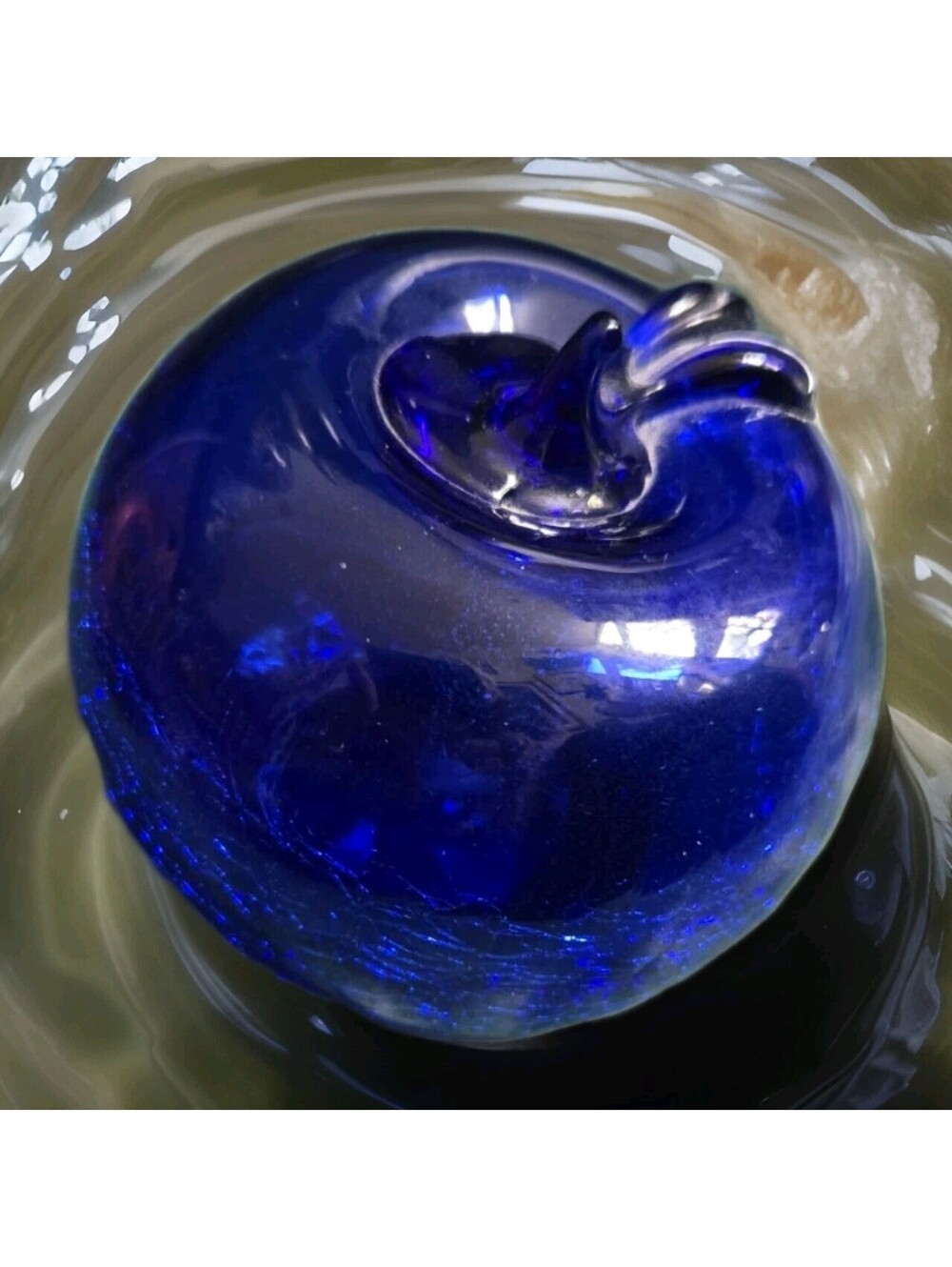 Handblown Cobalt Blue Crackle Art Glass Apple Paperweight RARE Approx 3X3"